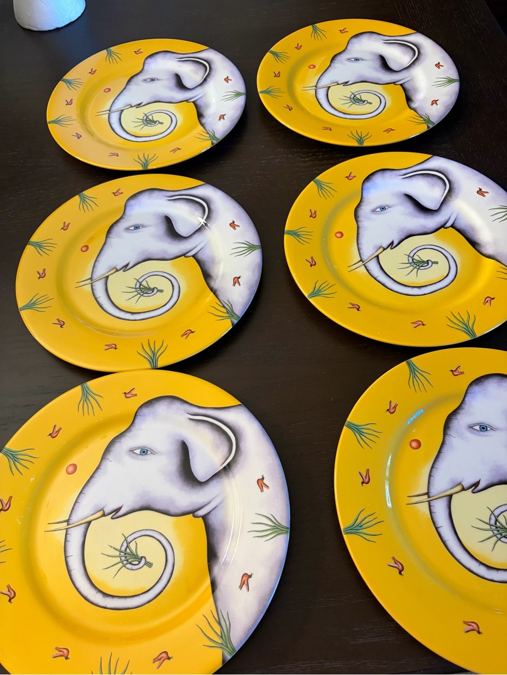 J&B Care For The Rare Vintage Sunshine Yellow Elephant Print 10 inch Plates x6!